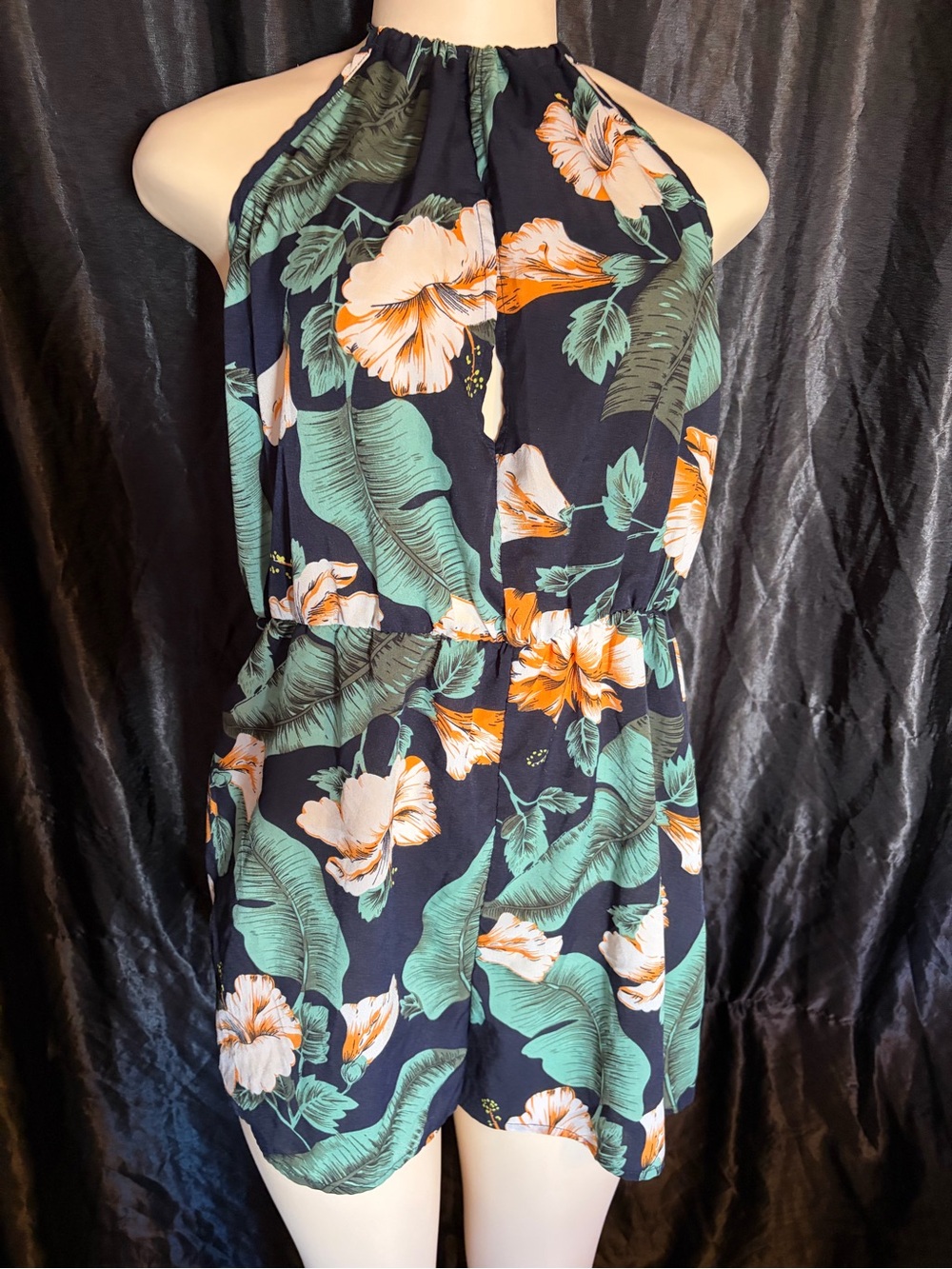 SHEIN Black Halter Tropical Floral Romper with Green & Orange Print